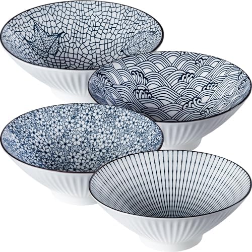 38 oz Japanese Ramen Bowls Set of 4, Large Pho Bowls, 8 Inch Ceramic Blue and White Soup Bowls, Mixing Pattern