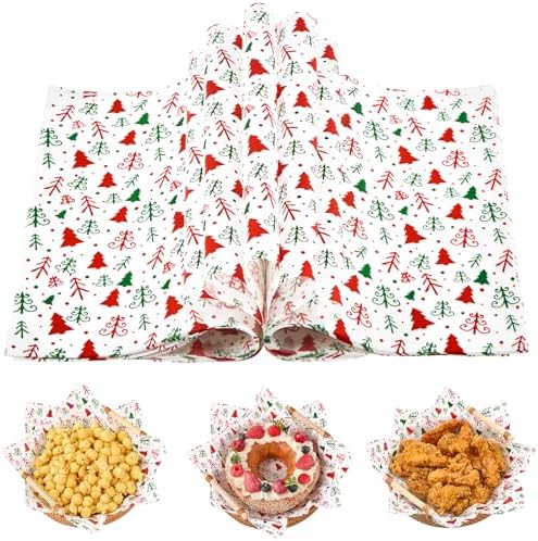 100 Sheets Christmas Wax Paper, Christmas Tree Holiday Deli Food Wrapping Paper Grease Proof Parchment Basket Liners for Cookies, Candies, Sandwiches (10 x 10 Inches)