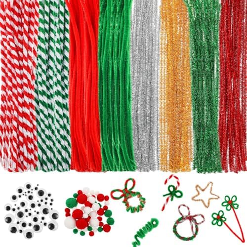 300 Pcs Christmas Pipe Cleaners Craft Set Including Glitter Chenille Stems Poms Self Adhesive Wiggle Googly Eyes Creative Arts Chenille Stems for Christmas Decoration DIY Art Craft (Assorted)