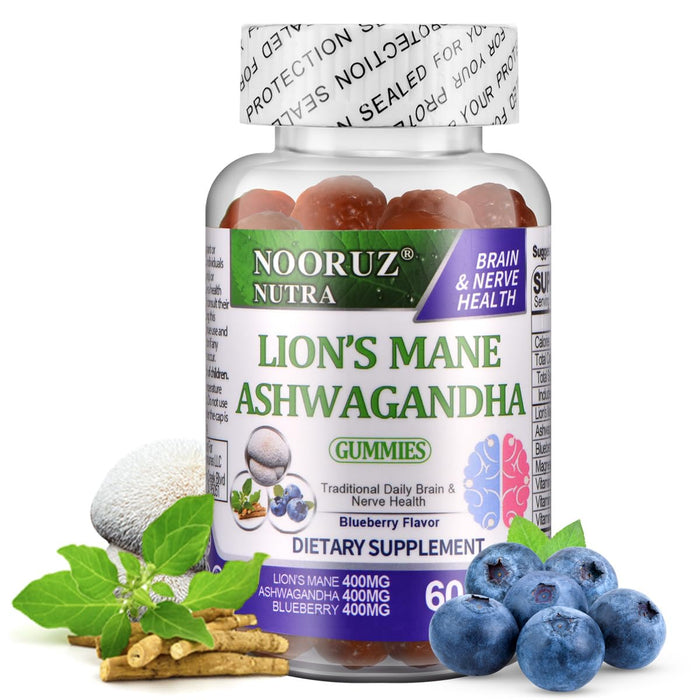 NOORUZ Ashwagandha & Lion's Mane Mushroom& Blueberry Gummies Vegan | Plant-Based Extracts | Non-GMO | Gluten-Free | Gelatin-Free Supports Cognitive and Memory Health