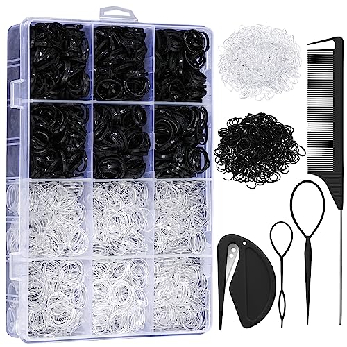 2200 Pcs Elastic Hair Bands with Hair Loop Styling Tool Set, Clear Mini Hair Bands and Black Elastic Hair Ties with Rubber Band Cutter Organizer Box Hair Accessories for Toddler Baby Girl Women
