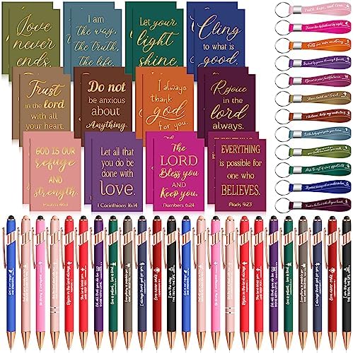 Estune 72 Pcs Christian Bible Gifts Set Bulk Religious Scripture Notebooks Scripture Quote Inspirational Ballpoint Pens Verse Keychain Christmas Inspirational Bible Gifts for Office(Religion)