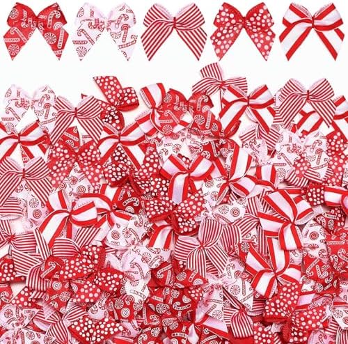 150 Pcs Christmas Mini Ribbon Bows Mini Handmade Ribbon Red and White Candy Cane Lollipop Dot Bow - Tiny Twist Tie Bow for Xmas Door Garland DIY Candy Themed Party Supplies Craft Sewing Decor
