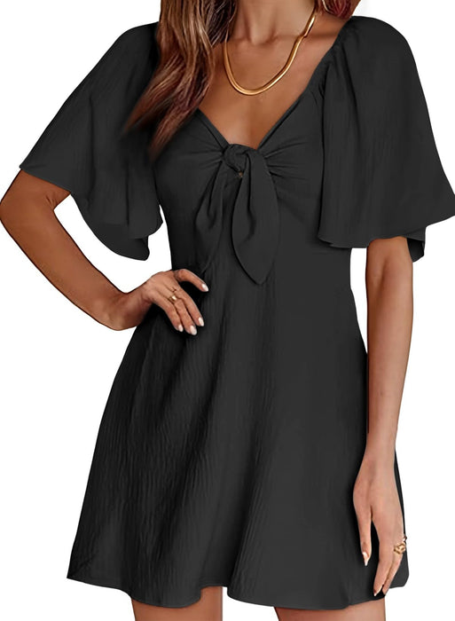 Dokotoo Wedding Guest Summer Black Dresses 2025 Spring Fashion Casual V Neck Ruffle Short Sleeve Womens Dresses Holiday Party Cocktail Tank Dress Mini Dress