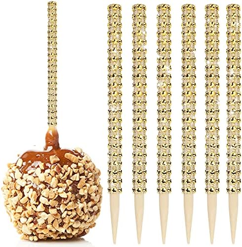 32 PCS Bling Candy Apple Bamboo Sticks,Caramel Apple Wooden Pointed Skewers with Rhinestones Diamond Mesh Wrap,Fruit Treats Pop Dec Bar for Dessert Table Tea Party Birthday Wedding Christmas (Gold)