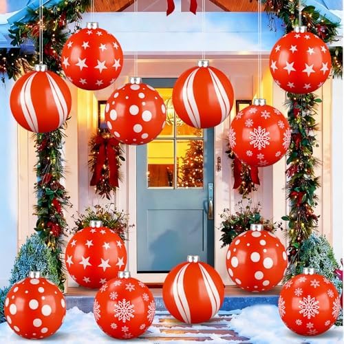 12PCS Inflatable Christmas Balls 12inch Large Outdoor Christmas Inflatable Balls Red White PVC Xmas Hanging Ornaments Decor for Xmas Holiday Lawn Yard Front Door Decorations
