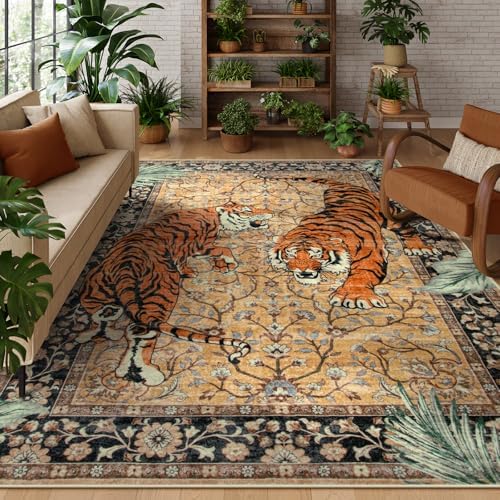 Moynesa Tiger 6x9 Rug, Washable Large Rugs for Living Room, Vintage Non Slip Boho Bedroom Area Rug, Ultra Thin Soft Indoor Floor Carpet for Dining Room Home Office, Camel