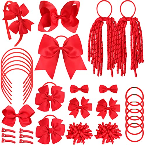32PCS Red Hair Accessories Set by Oaoleer - Grosgrain Ribbon Bows, Cheer Bows, Alligator Clips, Curly Koker Bows, Hair Ties, Headbands for Little Girls