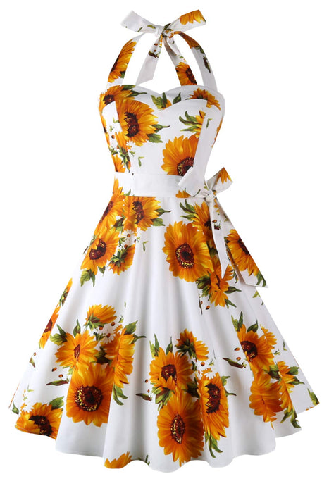 Topdress Women's Vintage Polka Audrey Dress 1950s Halter Retro Cocktail Dress White Sunflower XL