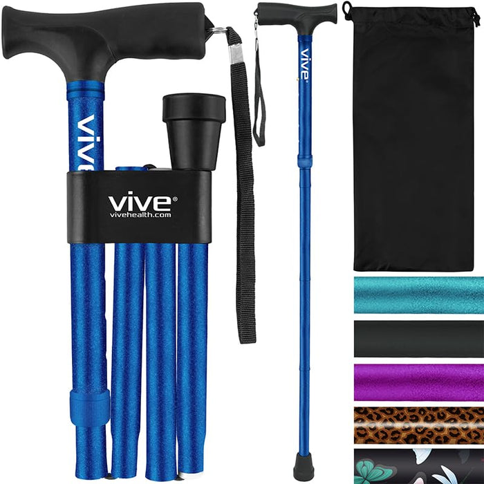 Vive Folding Cane - Foldable Walking Cane for Men, Women - Fold-up, Collapsible, Lightweight, Adjustable, Portable Hand Walking Stick - Balancing Mobility Aid - Sleek, Comfortable