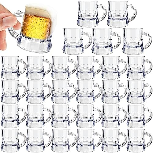 30 Pcs Mini Plastic Beer Mugs, 1 oz Clear Plastic Shot Glasses with Handles, Reusable Beer Stein Tasting Glasses for Drinking, Festival, Party, BBQ