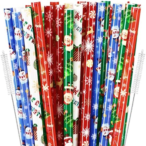 JANYUN 30 Pieces Christmas Drinking Straws BPA-Free 9inch Printing Hard Plastic Reusable Straws Xmas Balls Snowflake Elk Straw for Family Party Favors Supplies Cleaning Brush