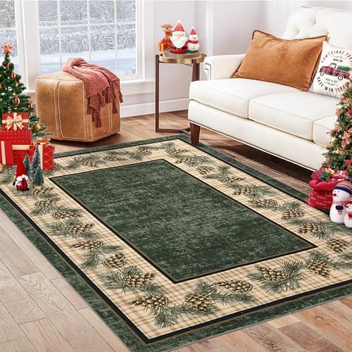 RUGSREAL Area Rug 5x7 Christmas Pine Cones Rugs for Living Room Stain Resistant Rug with Non Slip Backing Ultra-Thin Washable Rugs for Bedroom Living Room Laundry, Green