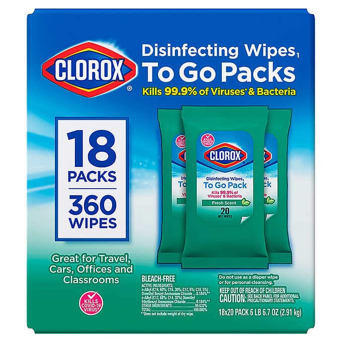 Clorox Disinfecting On The Go Travel Wipes, Fresh Scent, 20 Count, Pack of 18-360 Wipes Total