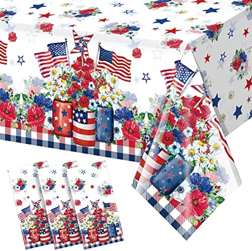 3 Pack 4th of July Tablecloth Decorations, Vase Flower Patriotic Plastic Table Cover, Red White and Blue Decorations with Star Stripe Sign for Patriotic Independence Veterans Memorial Day, 54x108 Inch