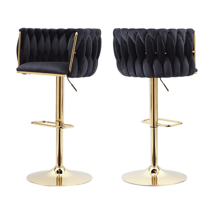 ECHINGLE Black Velvet Bar Stools Set of 2 - Modern Adjustable Swivel Counter Height Chairs with Woven Back, Gold Metal Leg & Base Bar Chair for Kitchen Island, Dining, Cafe, Pub