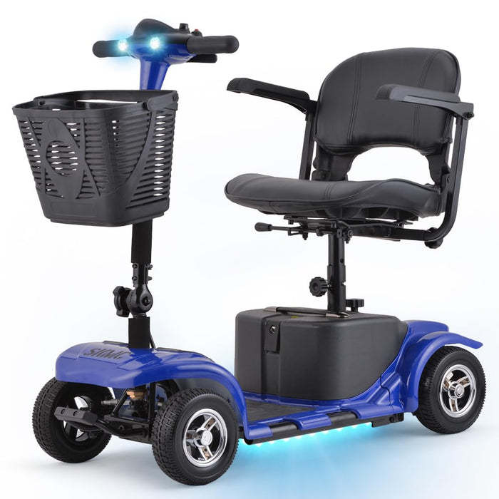 Mobility Scooter for Adults, Senior, Skmc 4 Wheels Electric Powered Chargeable Device for Travel, Lightweight and Portable, with LED Headlights and Basket, Charger Included, Red/Blue (Blue-Blue)