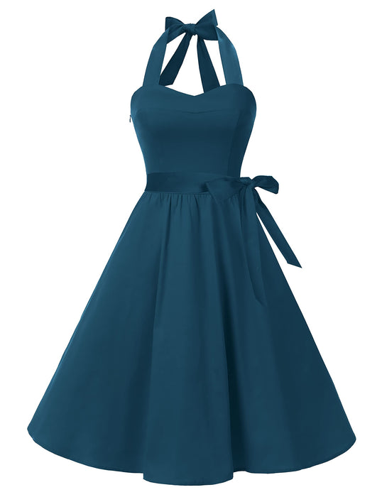Topdress Women's Vintage Polka Audrey Dress 1950s Halter Retro Cocktail Dress Steel Blue XL New