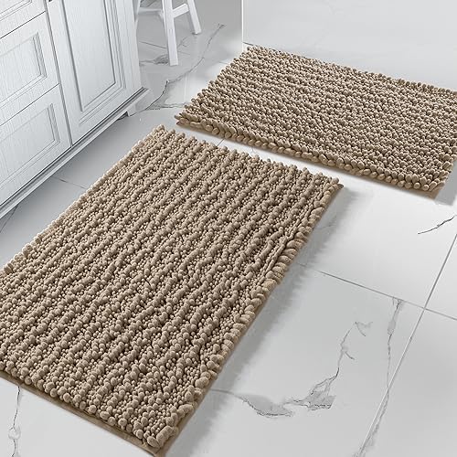Yimobra Bathroom Rugs Sets 2 Piece - Luxury Chenille Shaggy Bath Mat, Super Absorbent & Non Slip & Quick Dry, Soft Bathroom Carpet for Tub Shower Floor, Machine Washable, 32x20+24x17 Inch, Pale Khaki