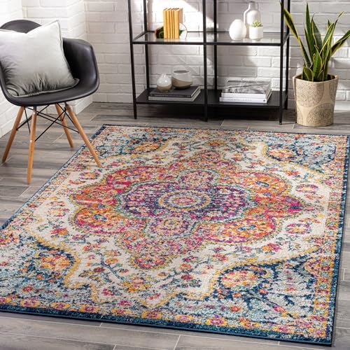 Livabliss Area Rugs - 8x10 Romaine Vintage Boho Fuchsia Mustard Blue Area Rug for Living Room Bedroom - Floral Medallion Stain Resistant Carpet for Kitchen, Nursery, Office (7'10" x 10'3")