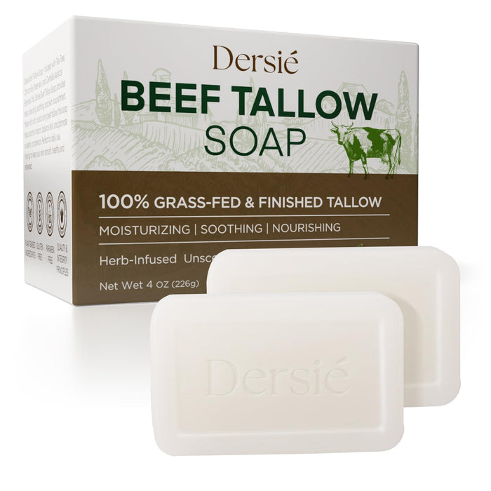 Beef Tallow Soap Bar for Skin: Organic Beef Tallow Soap for Face & Body with 100% Grass-Fed & Finished - Gentle Moisturizing Body Wash for Dry, Sensitive, and Normal Skin - Unscented (2/Pack)