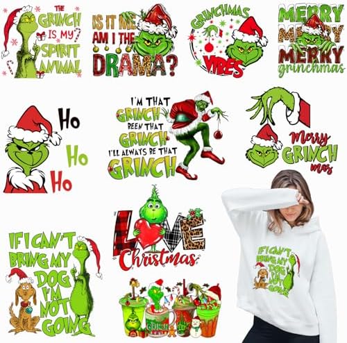 10 Sheets Grinchs Christmas Iron on Transfers for T-Shirts, Christmas Heat Transfers Vinyl, Christmas Iron on Decals for Clothes Bag Pillow Covers DIY Decorations