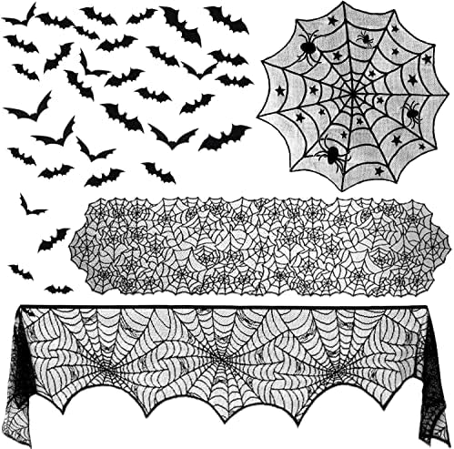 ZeeDix 39 Pcs Halloween Decorations Kit Black Lace Spiderweb Round Tablecloth Table Runner, Giant Spider Cobweb Fireplace Scarf with 36PCS Scary 3D Bats Wall Stickers for Halloween Party Decor
