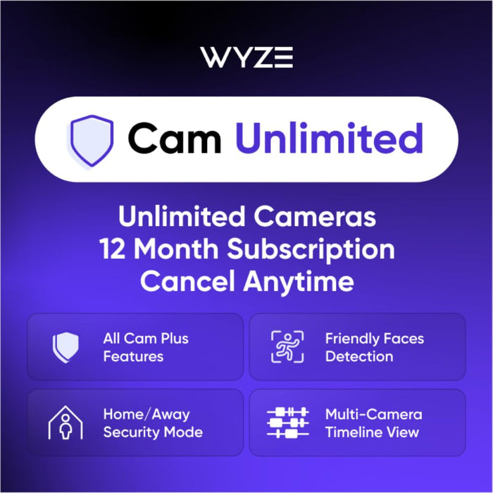 Wyze Security Plan - Cam Unlimited | Unlimited Cameras | 12 months Subscription. Full AI features | Facial Recognition for Friendly Faces | Smart Detection for Person, Pet, Package, Vehicle and Glass Break | Security Surveillance and Monitoring | Rolling