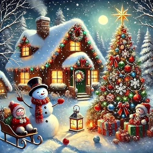 5D Diamond Painting Kits for Adults, Christmas Snowman House Tree Diamond Art for Beginners, DIY Winter Full Round Drill Paint by Diamonds Dot Gem Art for Adults, Home Wall Decor 13.7x13.7 Inch