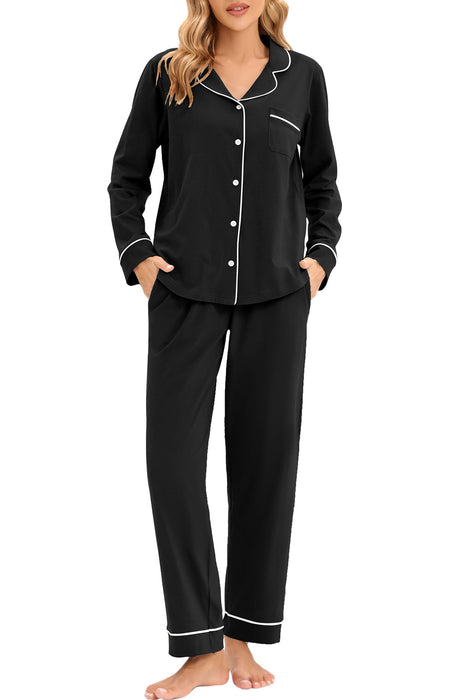 LUBOT 100% Cotton Pajamas Set for Women PJ Set Soft Long Sleeve Button-Down Shirt PJ Two-piece Set Warm Night Suit Sleepwear Loungewear (Black, M)