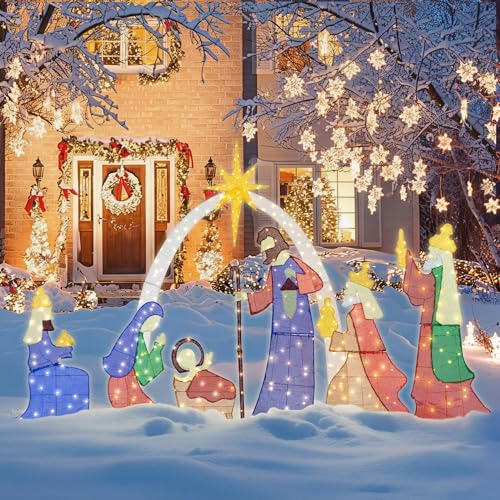 Meilocar 6 FT Christmas Outdoor Nativity Scene Set, 7pcs Weatherproof Holy Family Outdoor Decorations Nativity Set for Christmas Holiday Yard Home Decorations