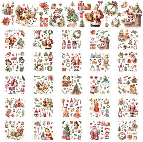 25 Sheets Christmas Rub on Transfers Stickers for Crafts and Furniture Decor Xmas Tree Santa Gnome Transfers Vintage Christmas Decals for Wood Fabric Home DIY, 5.9" x 5.9" (Xmas Tree)