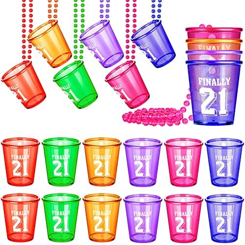 Yinkin 12 Pack Shot Glass Necklace Birthday Decorations Finally 21st Birthday Shot Glass on Beaded Legal Plastic Necklace for Party Supplies 6 Colors(Finally 21)