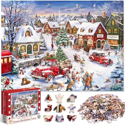 500 Piece Christmas Puzzles for Adults with Irregular Shape Puzzle Jigsaw Puzzles for Kids Ages 8-10 and Up Medium Difficulty 500 Pieces Jigsaw Puzzles Christmas Game Gifts for Men Women Boy Girl