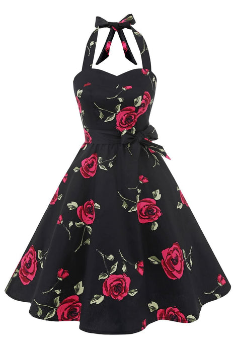Topdress Women's Vintage Polka Audrey Dress 1950s Halter Retro Cocktail Dress Black/Fuchisa Rose L