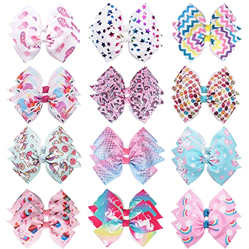 24PCS 4.5Inch Bows for Girls Boutique Grosgrain Ribbon Rainbow Hair Bow Alligator Hair Clips Pigtail Bows Unicorn Hair Clips for Baby Girls Toddler Kids Children Teens in Pairs