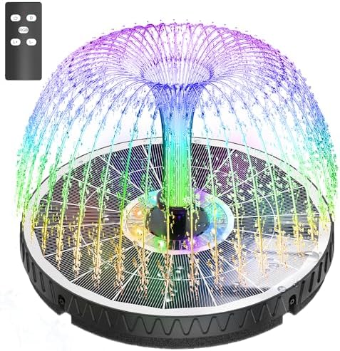 Remote Control Solar Fountain, 2025 Upgrade 6W Solar Bird Bath Fountain with 4000mAh Battery, Solar Powered Hummingbird Water Fountain Pump with Colorful LED Lights, 7 Nozzles for Garden Decor