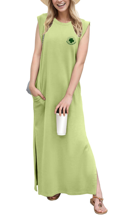 GRECERELLE Women St Patricks Day Casual Cap Sleeve Loose Split Maxi Dress with Pockets (Lucky Green Clover, Small)