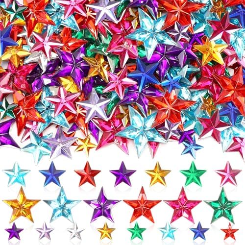 300pcs Star Rhinestones, Colorful Acrylic Flat Back Crystals Table Scatter for Holiday DIY Crafts Christmas Independence Day Veterans Memorial Day Birthday Home Party Decorations (3 Sizes)