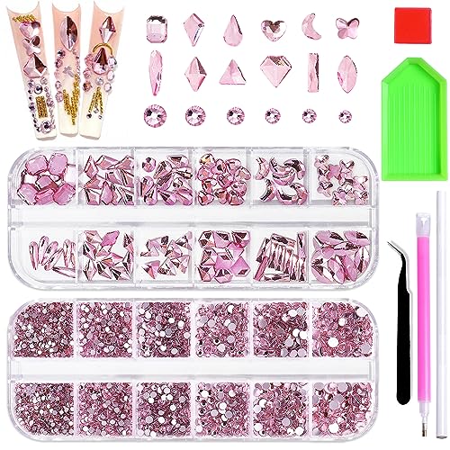 1620 Pcs Nail Art Rhinestones Pink Nail Charms Glass Nail Gems, Wsimily Crystal Flatback Shiny Mixed Nail Rhinestones Beads for DIY Manicure Craft with Tweezer Storage Box Picker Pencil