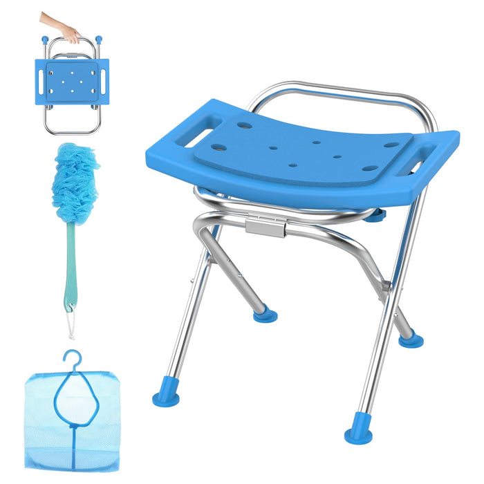 UGarden Folding Shower Chair Seat, 17.5" Stainless Steel Small Shower Chair for Inside Shower, 400lbs Portable Travel Shower Stool, Safety Anti-Slip Bath Chair for Seniors, Disabled, Blue