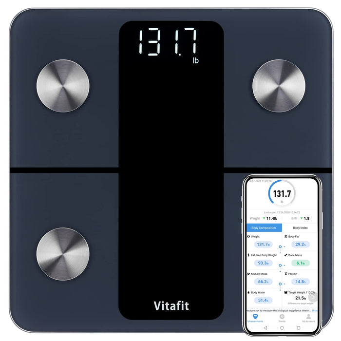Vitafit Smart Bathroom Scale Body Weight, High Accuracy Assured by Weight Scale Professional Factory Since 2001, App Sync 13 Body Composition Including BMI, Body Fat and Muscle, 400lb, LED, Black