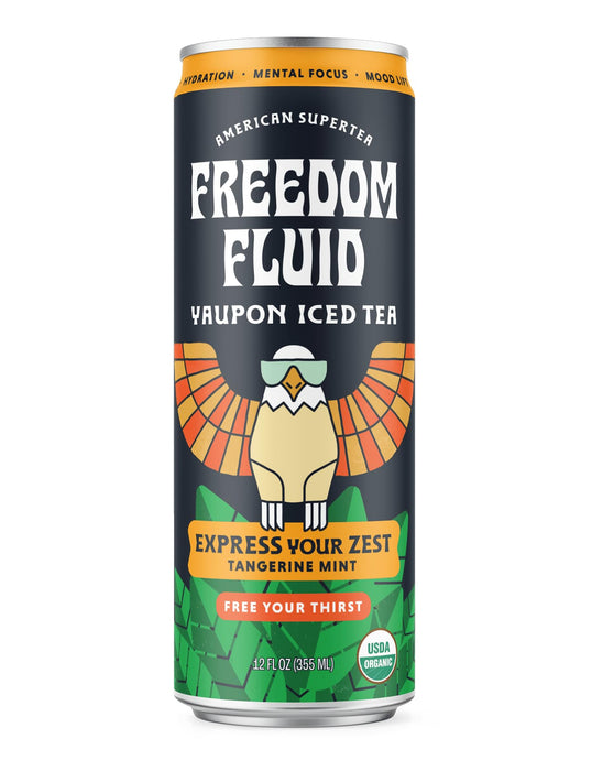 Freedom Fluid Organic Yaupon Iced Tea – Refreshing Tangerine Mint | Lightly Sweetened, Low Sugar, Low Calories, Real Brewed Tea, Clean Ingredients, Antioxidant Rich, Natural Caffeine, 12 Pack (12 oz cans)