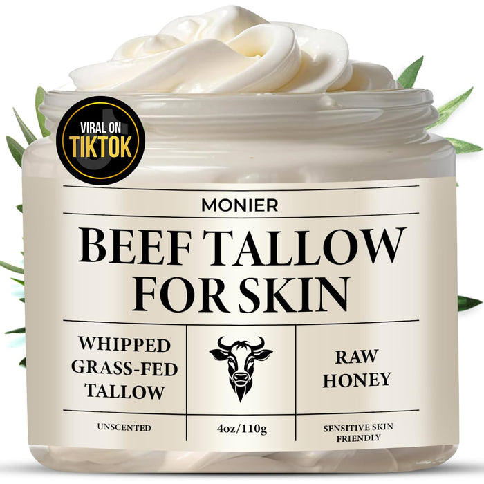 MONIER Whipped Beef Tallow for Skin, Tallow and Honey Balm for Face, Moisturizer with 100% Organic Grass-Fed Beef Tallow & Raw Wild Honey - Natural Formula for Dry & Sensitive Skin (Unscented)