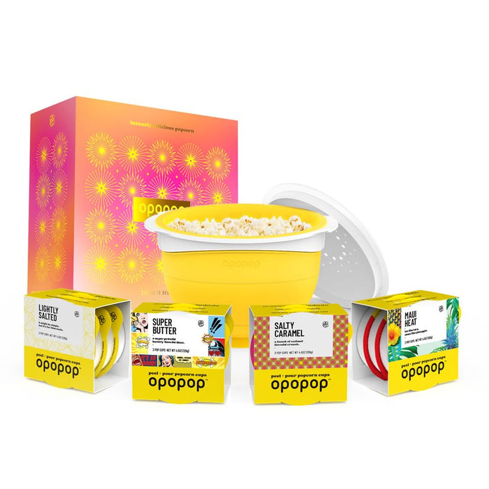 Opopop Gourmet Popcorn Gift Set - Variety 12-Pack Microwave Popcorn Kit, Collapsible Silicone Popcorn Popper, Gift Ready Packaging, Gluten Free Snacks Variety Pack, BPA-Free and Dishwasher Safe