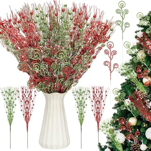 36 Pcs Red Green Christmas Tree Picks and Sprays Ornaments 17'' 12'' Artificial Flower Glitter Christmas Flower Berry Stem Stick Branches Filler Topper for Xmas Wreath Vase