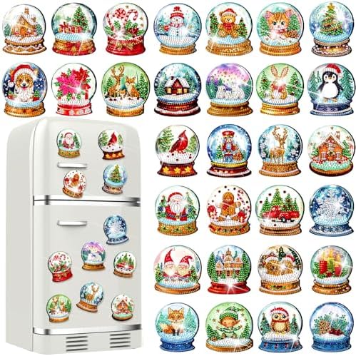 30 Pcs Christmas Magnetic Diamond Art Decor Crystal Ball Diamond Painting Magnets Kits Winter Adult DIY Art Fridge Magnet Refrigerator Sticker for Beginners Gifts Home Car Garage Decors