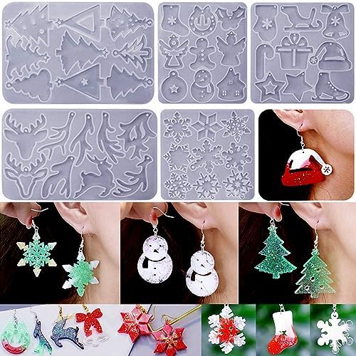 (5 Pack) Resin Earring Molds, Resin Jewelry Molds Christmas Silicone Pendant Molds Various Shapes Christmas Tree Snowflake Snowman Elk for DIY Earring Pendant Keychain Ornament Gift