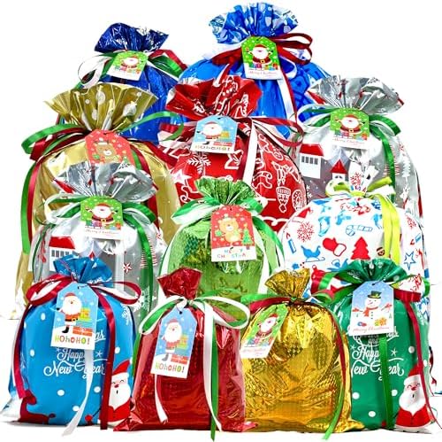 38PCS Christmas Drawstring Gift Bags Assorted Size Small Medium Large, Holiday Xmas Presents Wrapping Bags with Tags