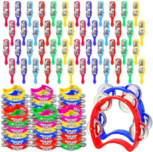 72 Pcs Christmas Tambourines Bulk, 36 Plastic Hand Bells 36 Cymbals Musical Toy Instruments for Church Sunday School, Education Activities, Christian Charity Donation(Round)